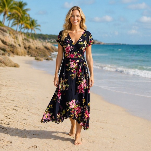 VENUS Dresses & Skirts - Lascana for Venus Navy Floral Handkerchief Hem Belted Jersey Knit Dress XL